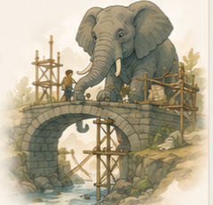 An elephant helping a young person build a stone bridge