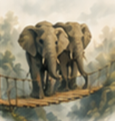 Two elephants crossing a rope bridge together