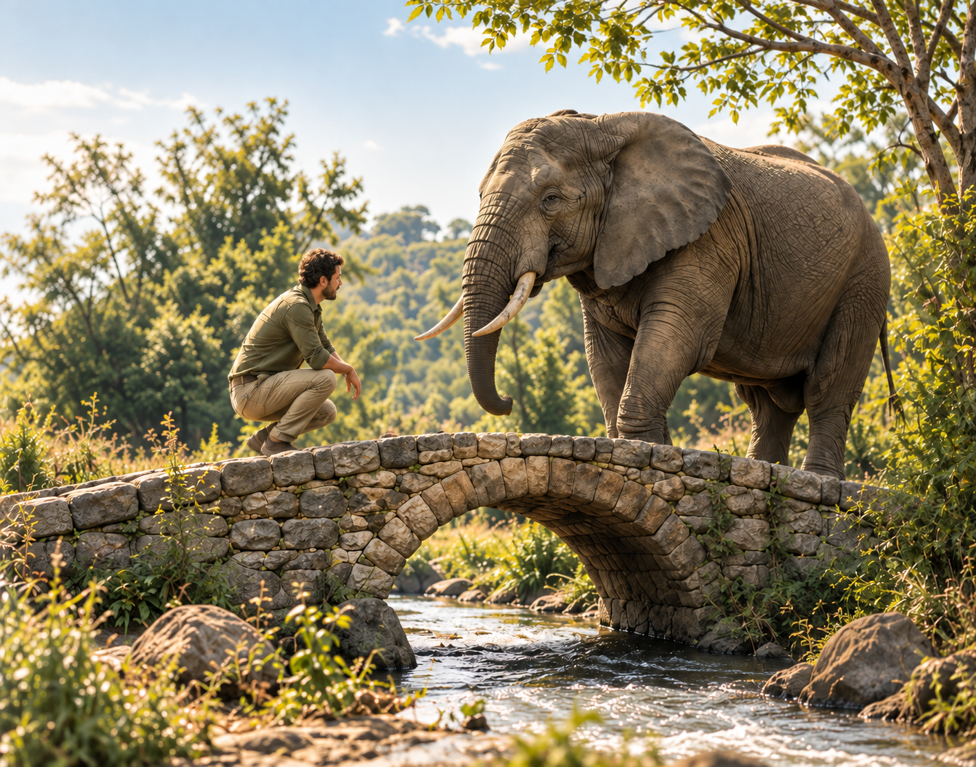 An elephant and a person building a stone bridge together, side by side