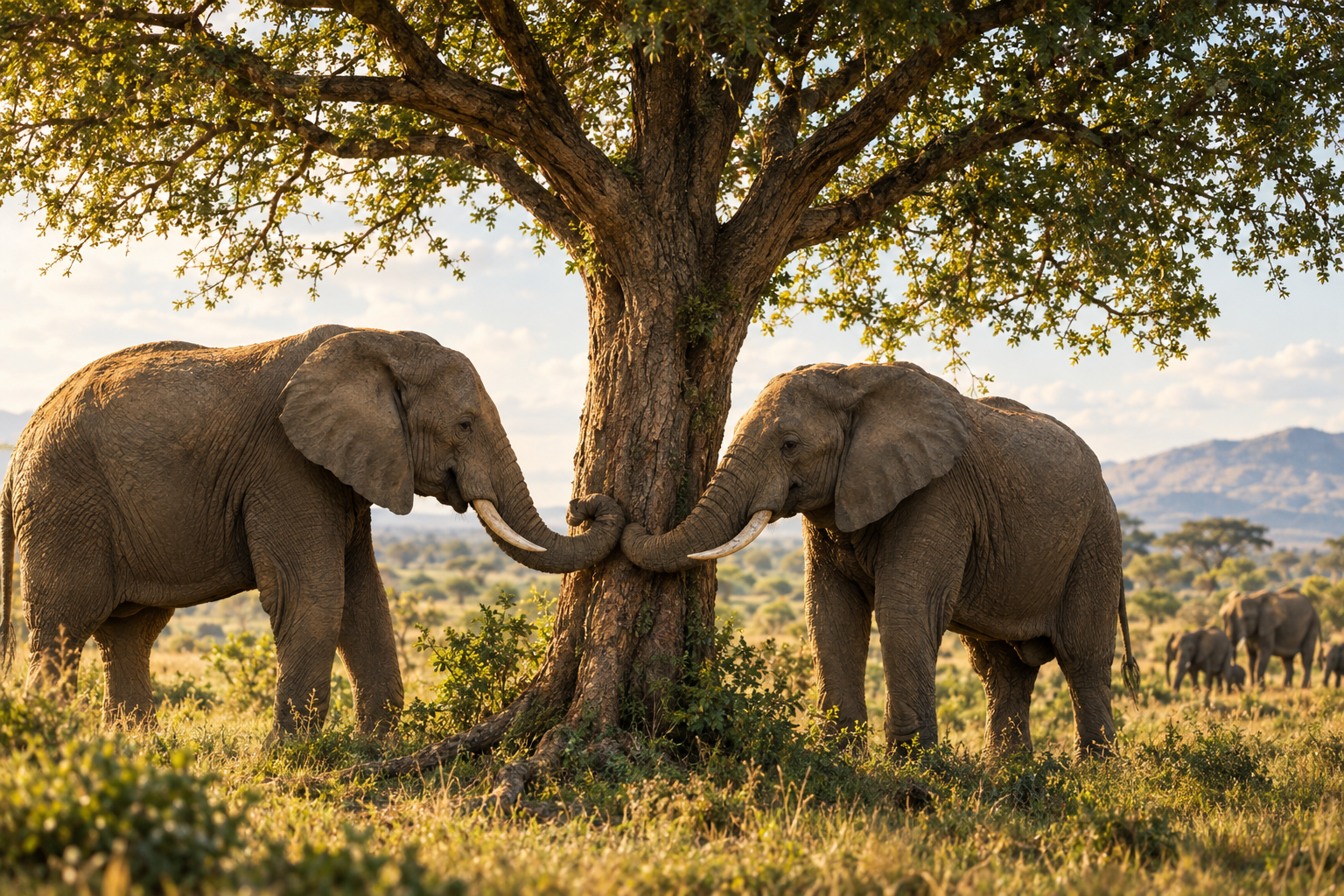 Two elephants meeting at a tree, trunks entwined