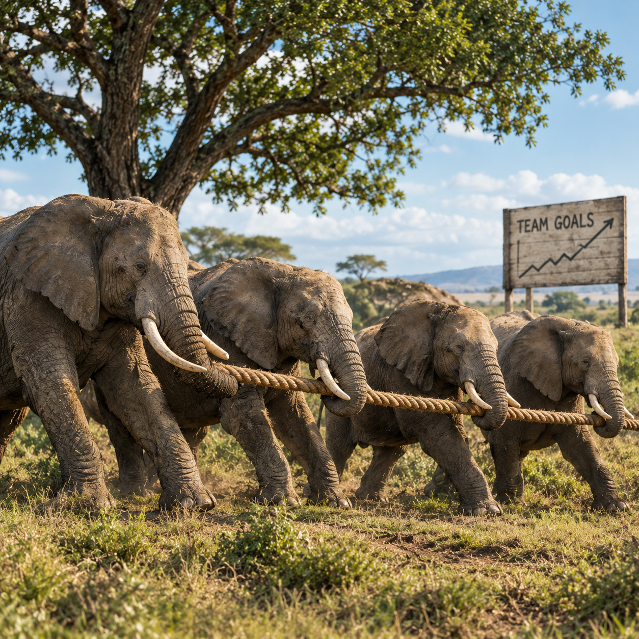 A line of elephants pulling a rope together toward team goals