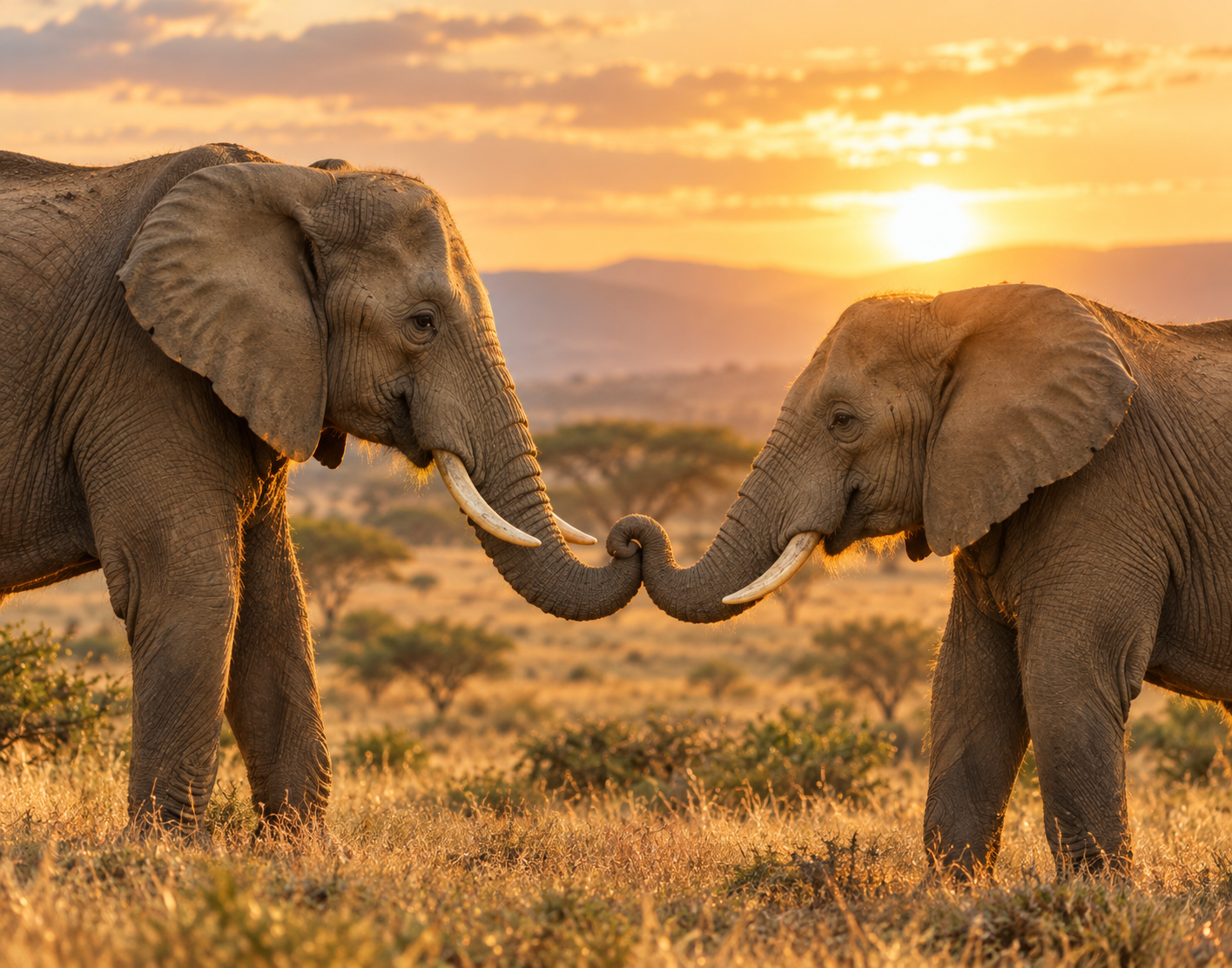 Two elephants linking trunks at sunset