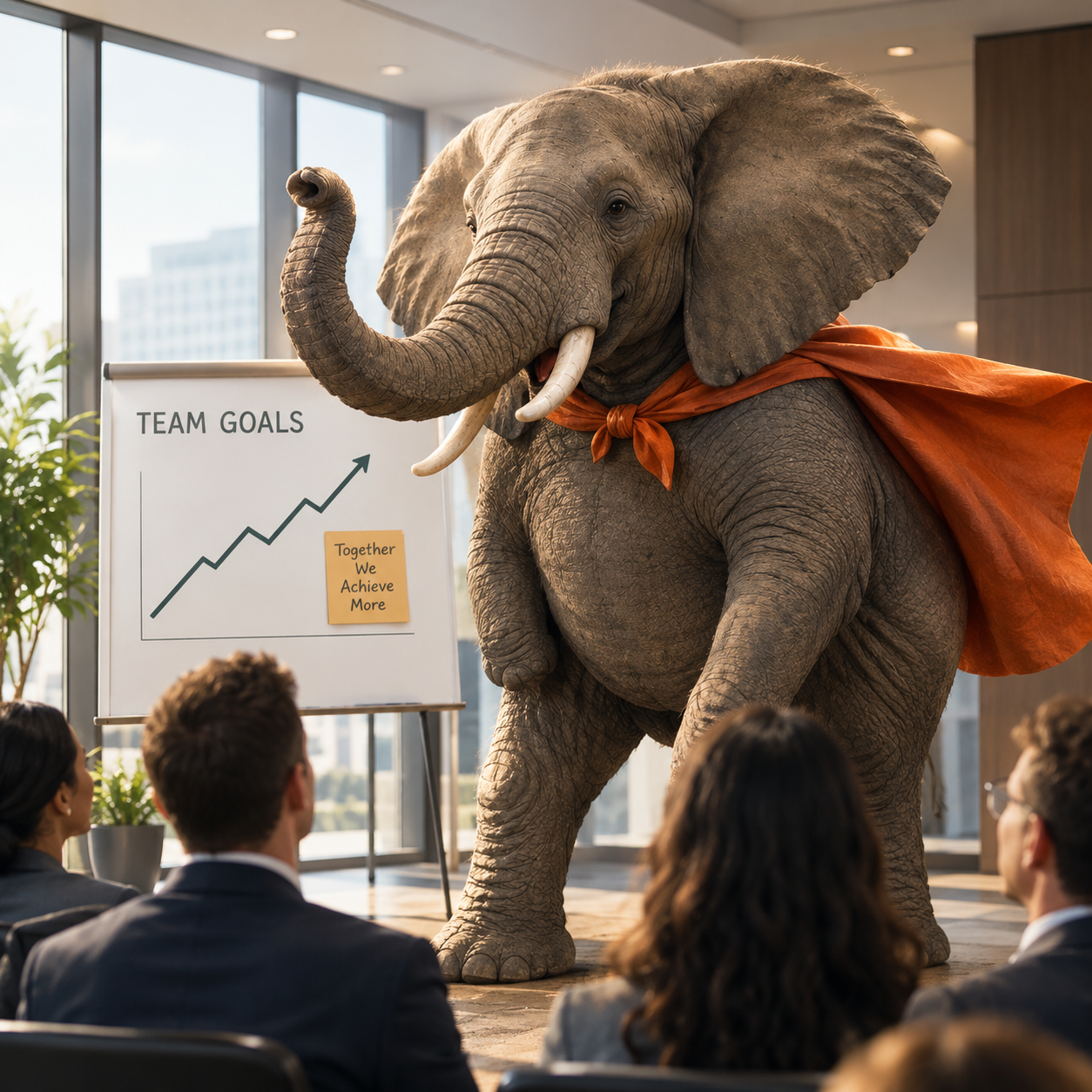 An elephant in an orange cape presenting team goals to a room