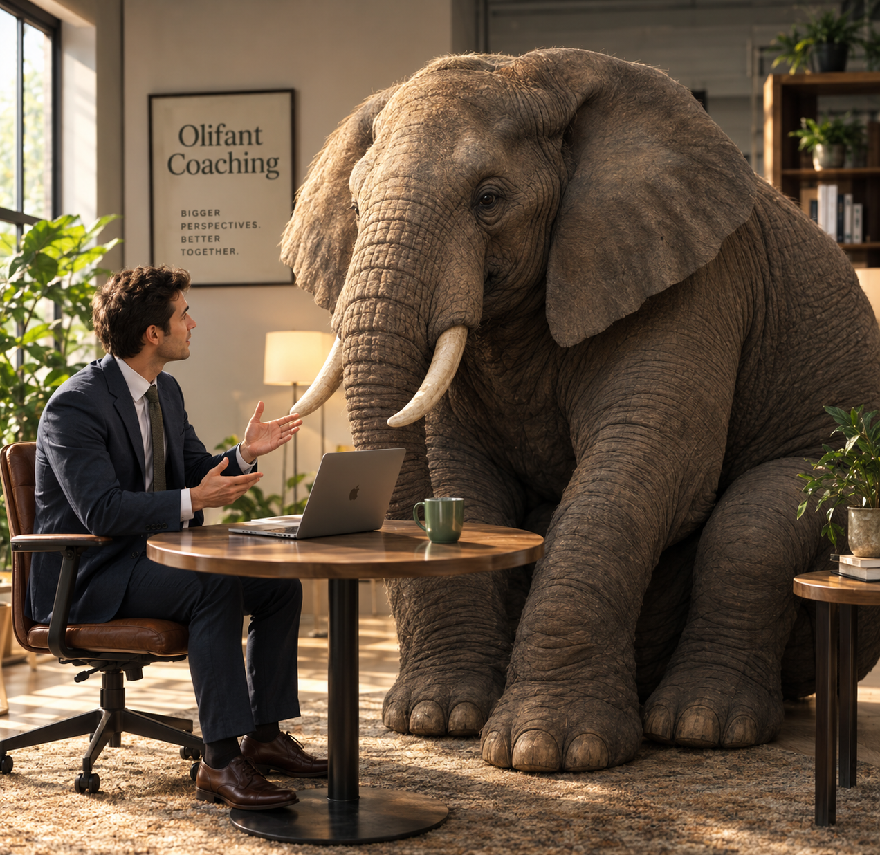 A man in conversation with an elephant across a small office table