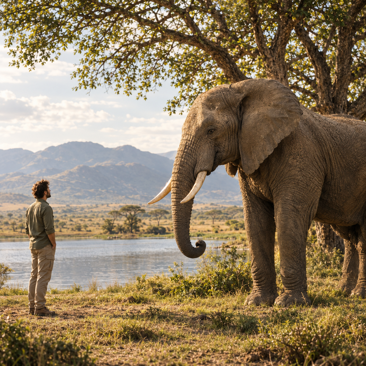 A man standing before a large elephant beside a lake