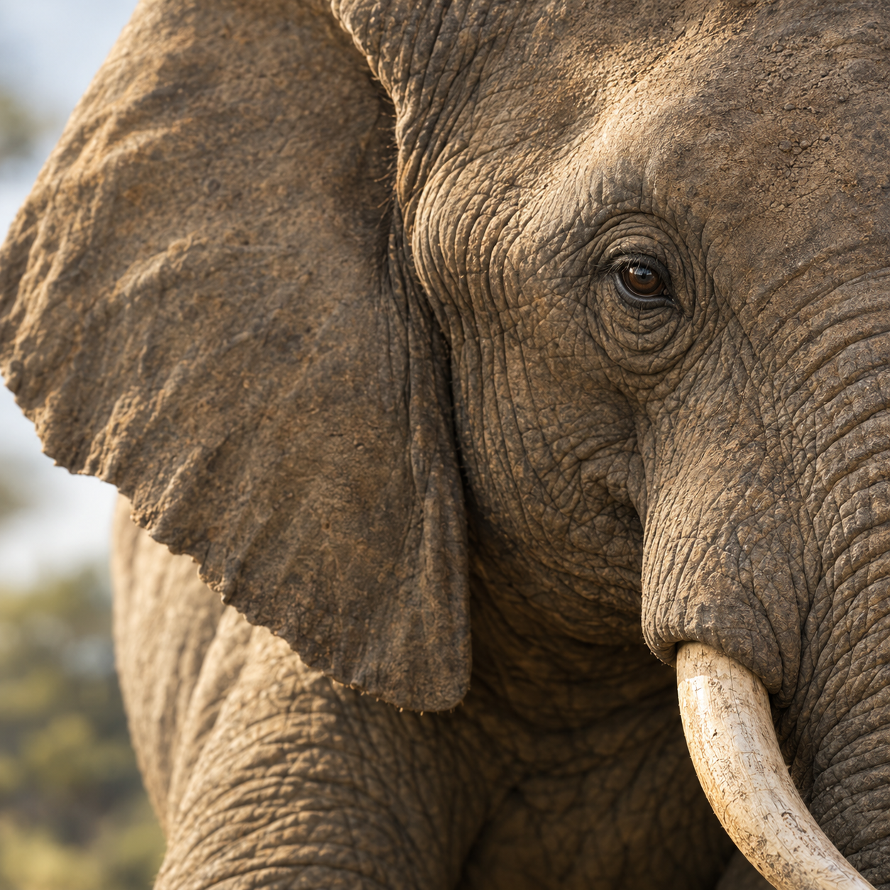A close-up of an elephant’s eye and tusk