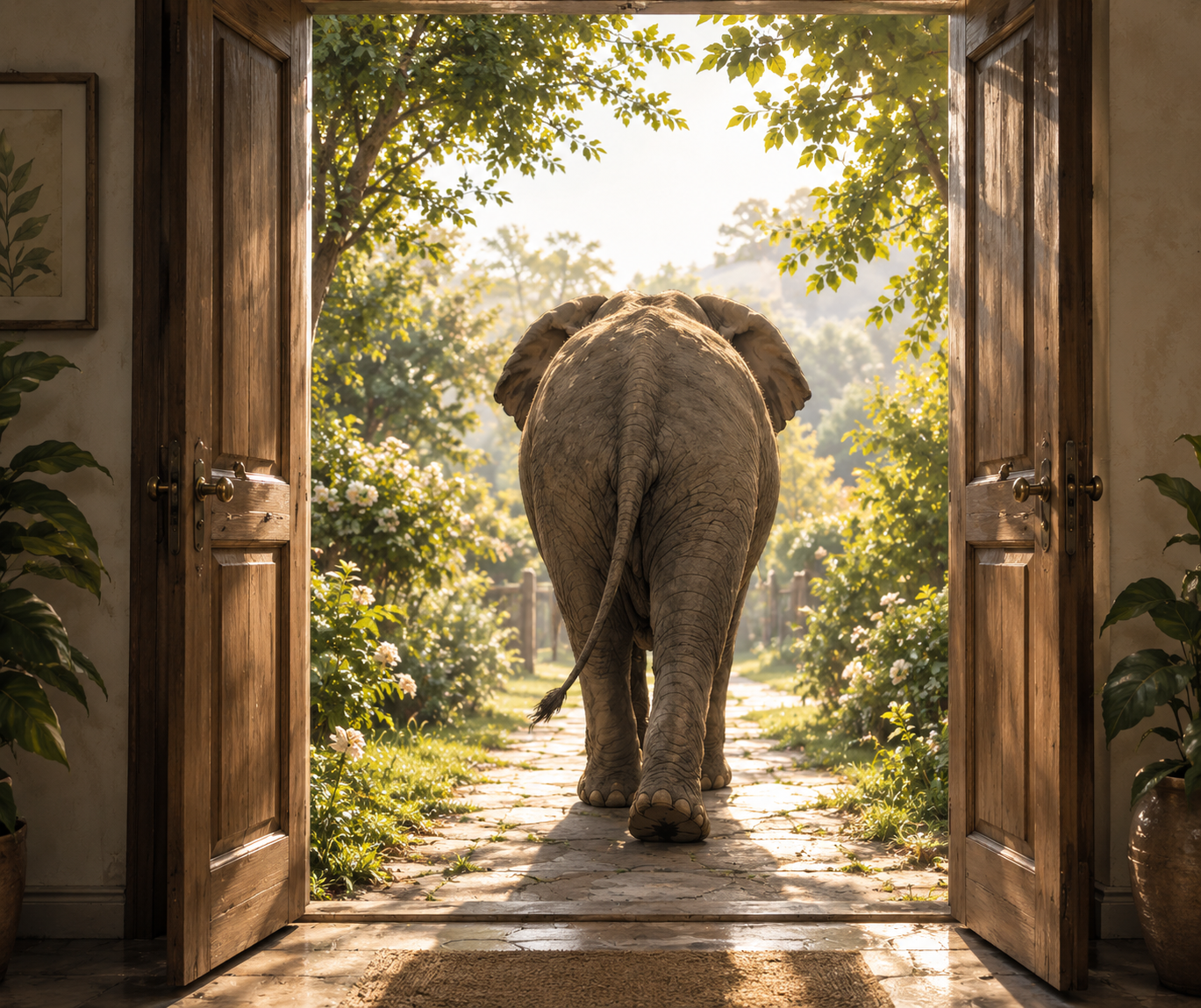 An elephant walking through an open door, toward the light