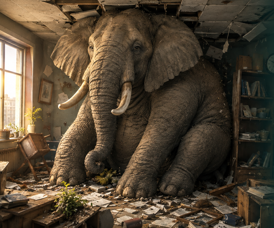 An enormous elephant filling a neglected office